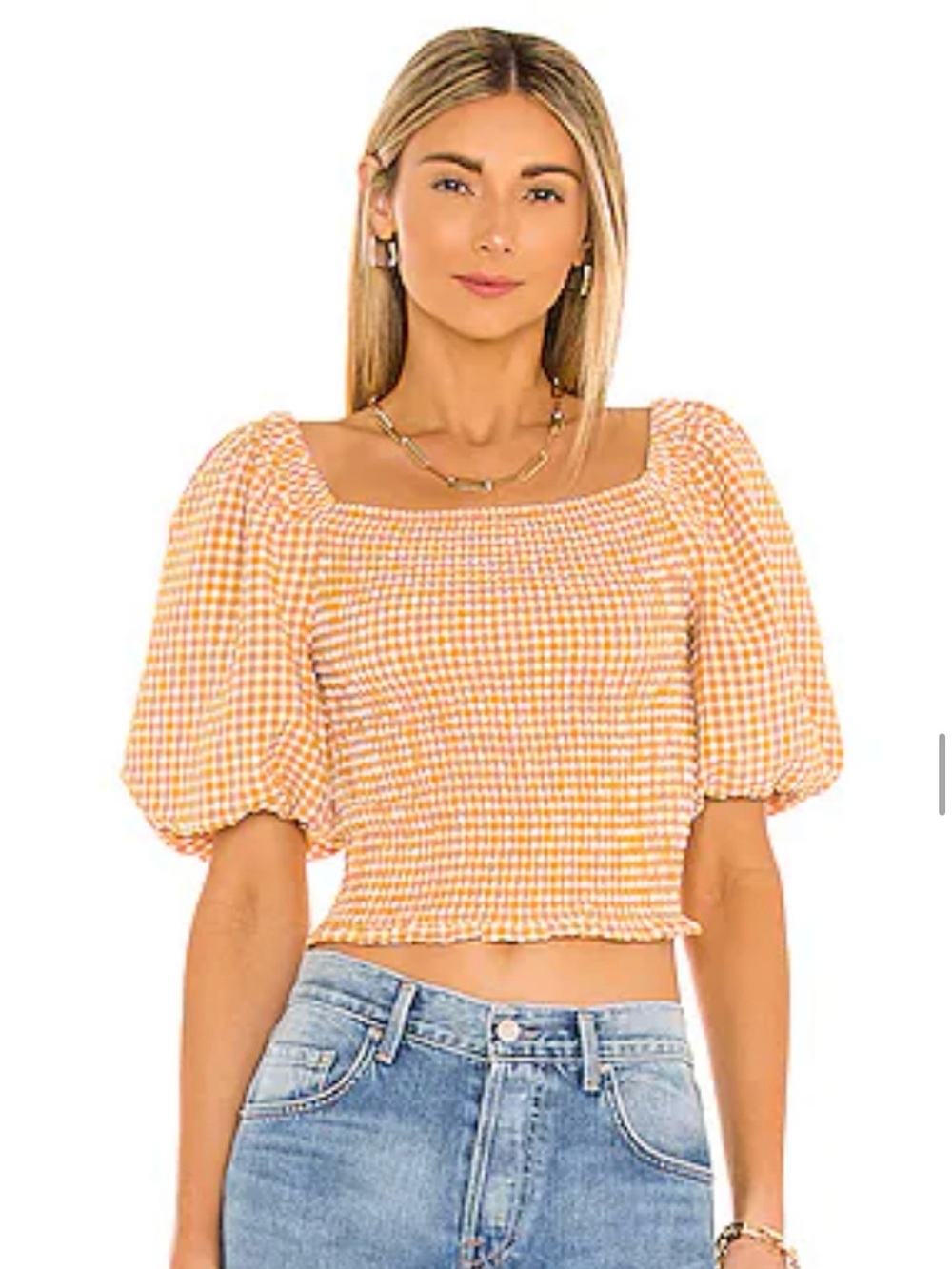 BB Dakota by Steve Madden Yellow Gingham Smocked Puff Sleeve Crop Top